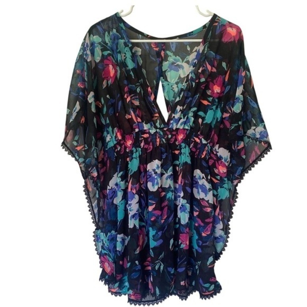 Floral Swimsuit Cover Up‎ Sheer Black Lace Trim Detail